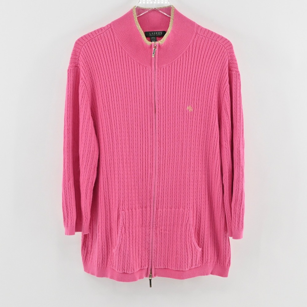 Ralph Lauren Womens Zip Cardigan Sweater Size L Pink Cable Knit Cotton‎ Metallic